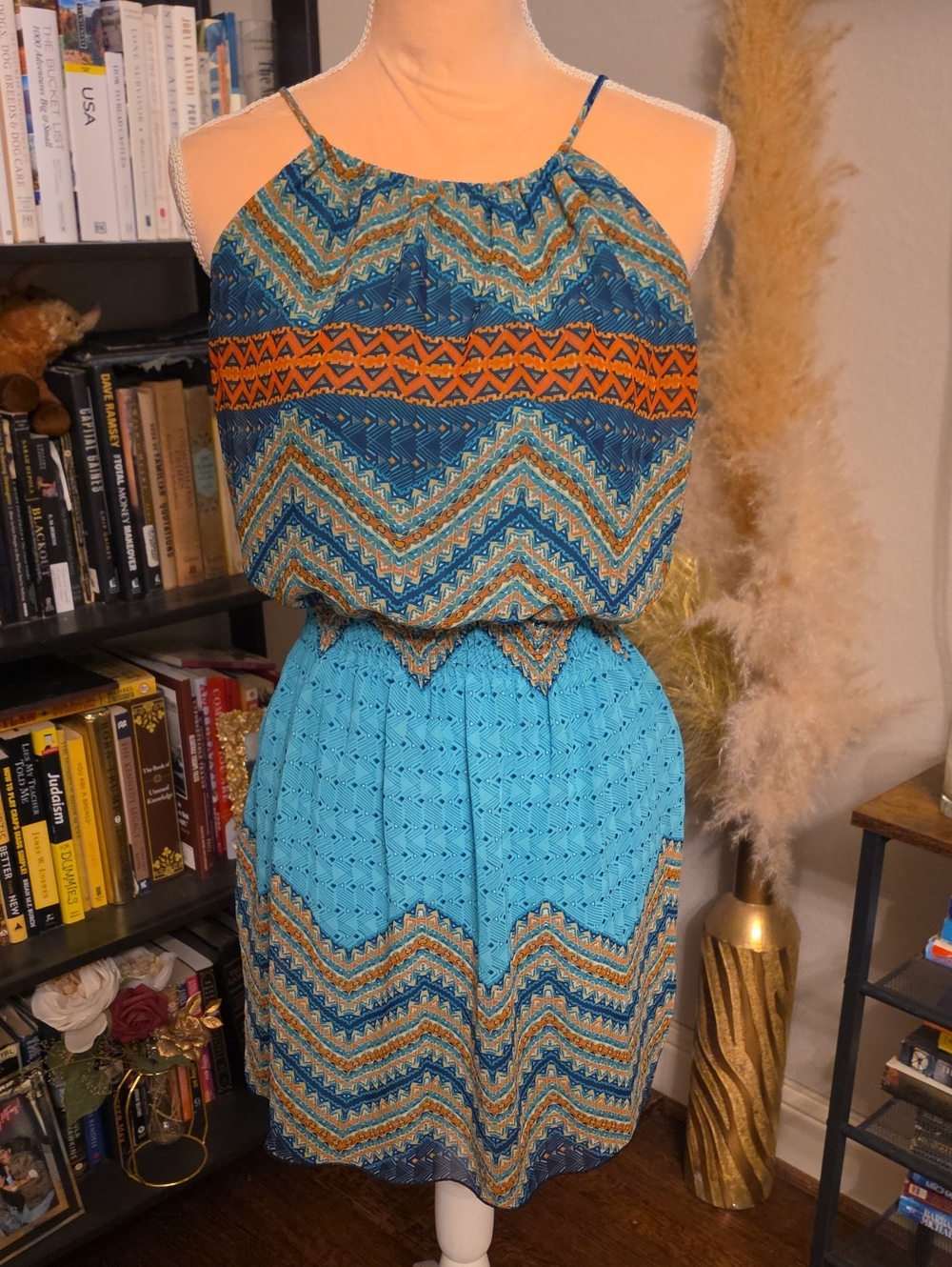 Sweet Storm Blue Orange Geometric Boho Spaghetti Strap Dress Size Medium